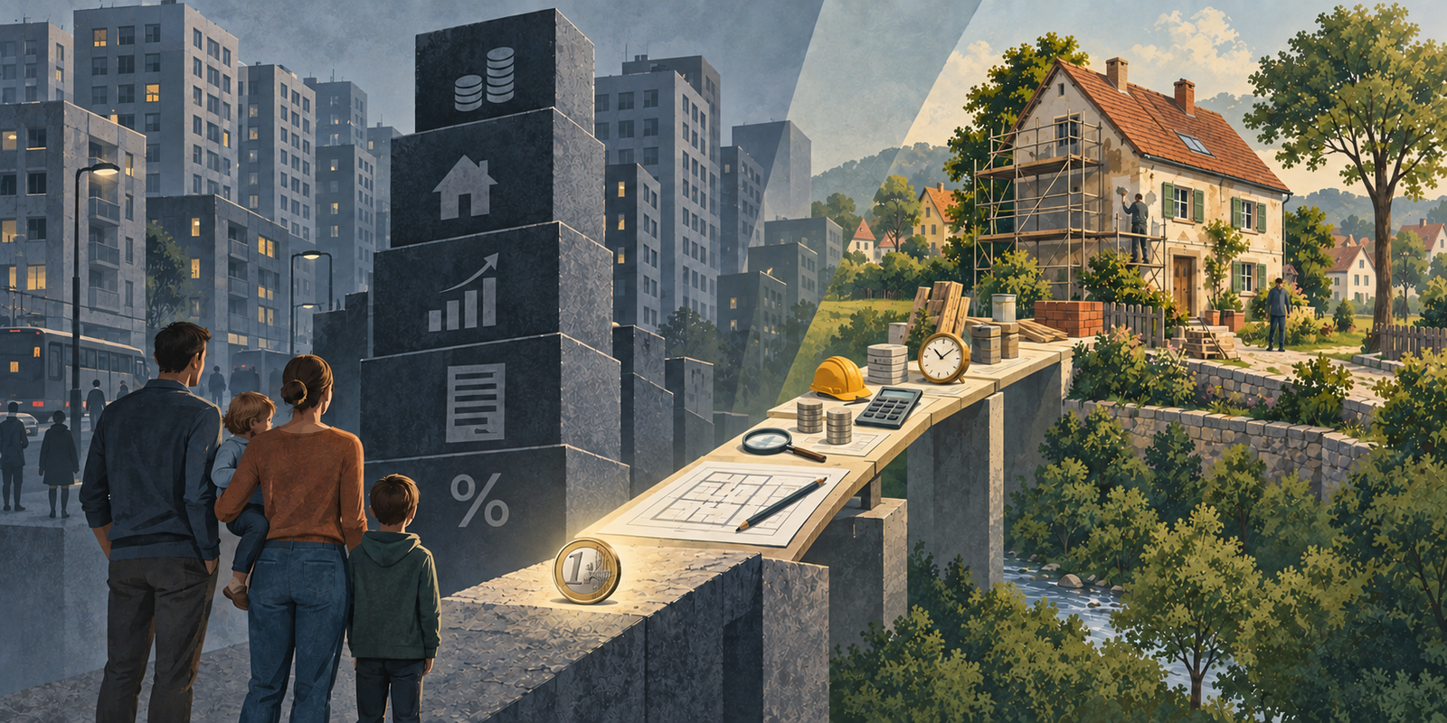 Familie zwischen kaum finanzierbarer Wohnung in der Stadt und renoviertem Haus auf dem Land. Konzeptionelle Darstellung: 1-Euro-Haus.de / KI-generiert.
