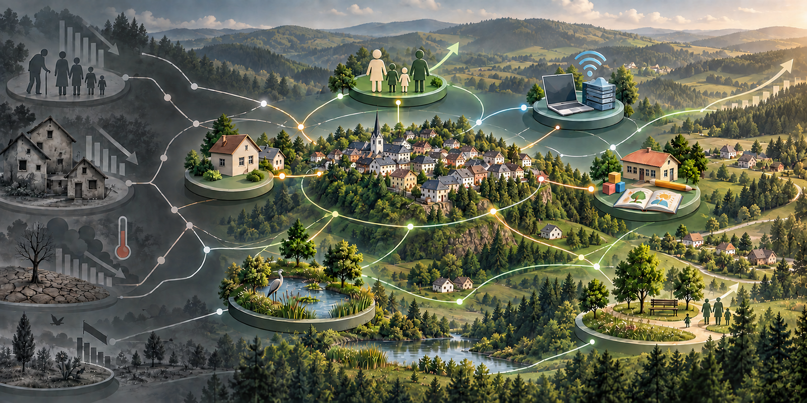 Connected themes illustrating an overall development strategy for Nordhalben in Bavaria. Concept illustration: 1-Euro-Haus.de / AI-generated.